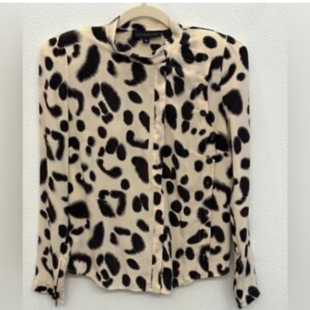 Beige and Black Leopard Print Button-Front Blouse